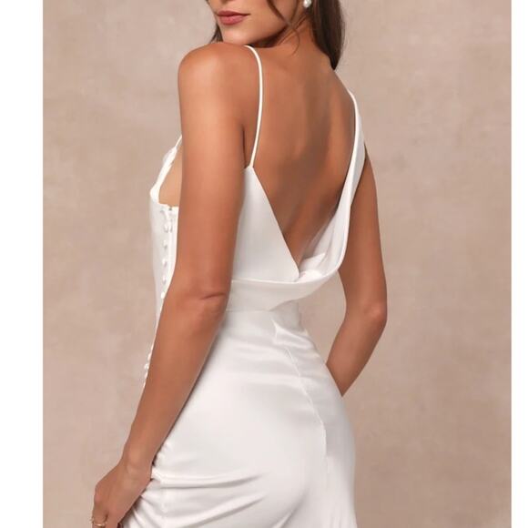 Lulus Lux Bridal NWT Unforgettable Adoration White Satin Asymmetrical Gown Dress - Picture 8 of 14